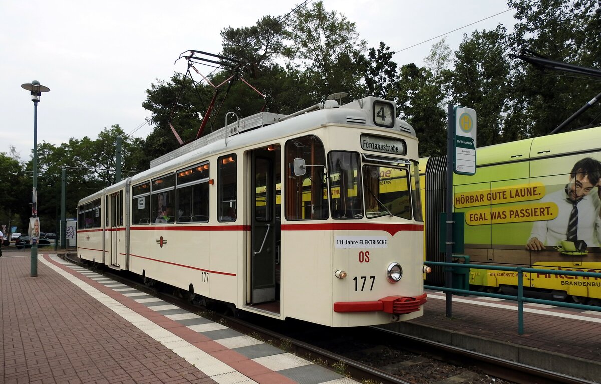 Straenbahn / Stadtverkehr Potsdam;  G 4-65 Nr.177 von VEB Gotha Baujahr 1965 im Bahnhof Pirschheide in Potsdam am 02.09.2018.