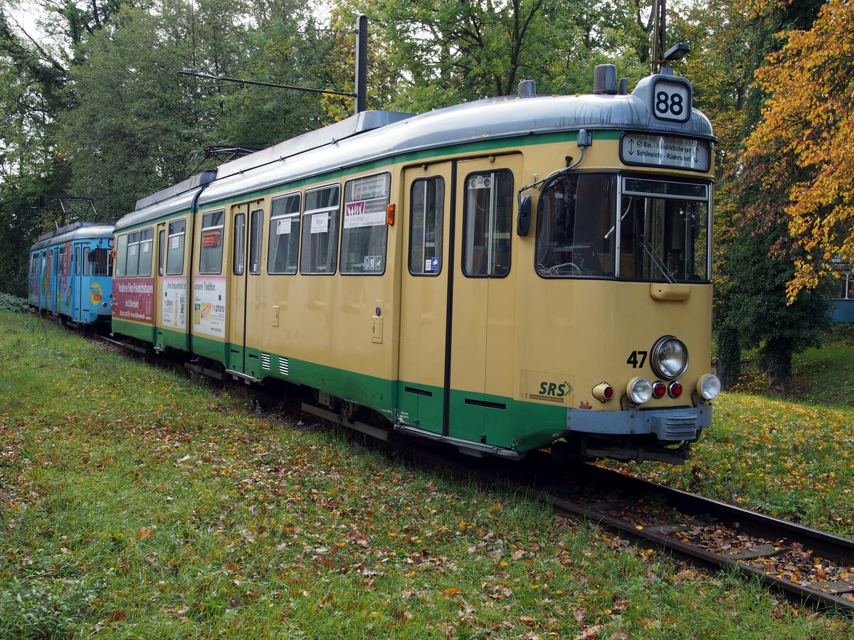 Straßenbahn / Stadtverkehr;  Schöneiche-Rüdersdorf; GT 6 Nr.47 von Düwag Baujahr 1973 im Betriebshof Schöneweide, Dorfstraße am 18.10.2019.