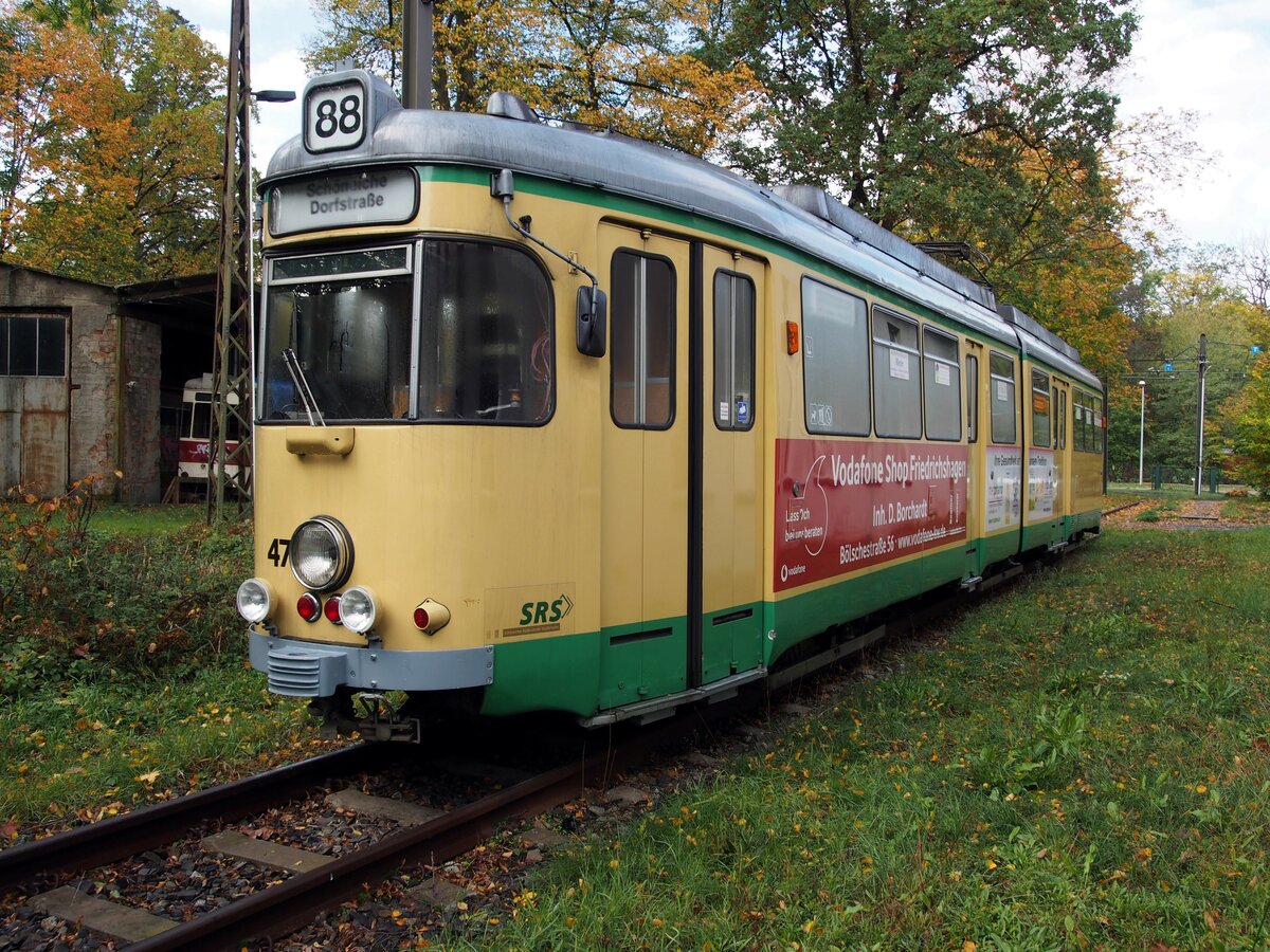 Straßenbahn / Stadtverkehr; Schöneiche-Rüdersdorf; GT 6 Nr.47 von Düwag Baujahr 1973 im Betriebshof Schöneweide, Dorfstraße am 18.10.2019.