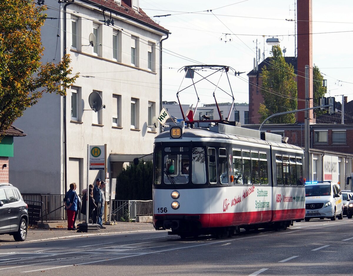 Straßenbahn / Stadtverkehr; Stuttgart/Halberstadt;   der GT 4 Nr.156 aus Halberstadt von der Maschinenfabrik Esslingen mit Umbau durch MBG, Baujahr 1960 beim Jubiläum 60 Jahre GT 4 in Stuttgart am 27.10.2019.
