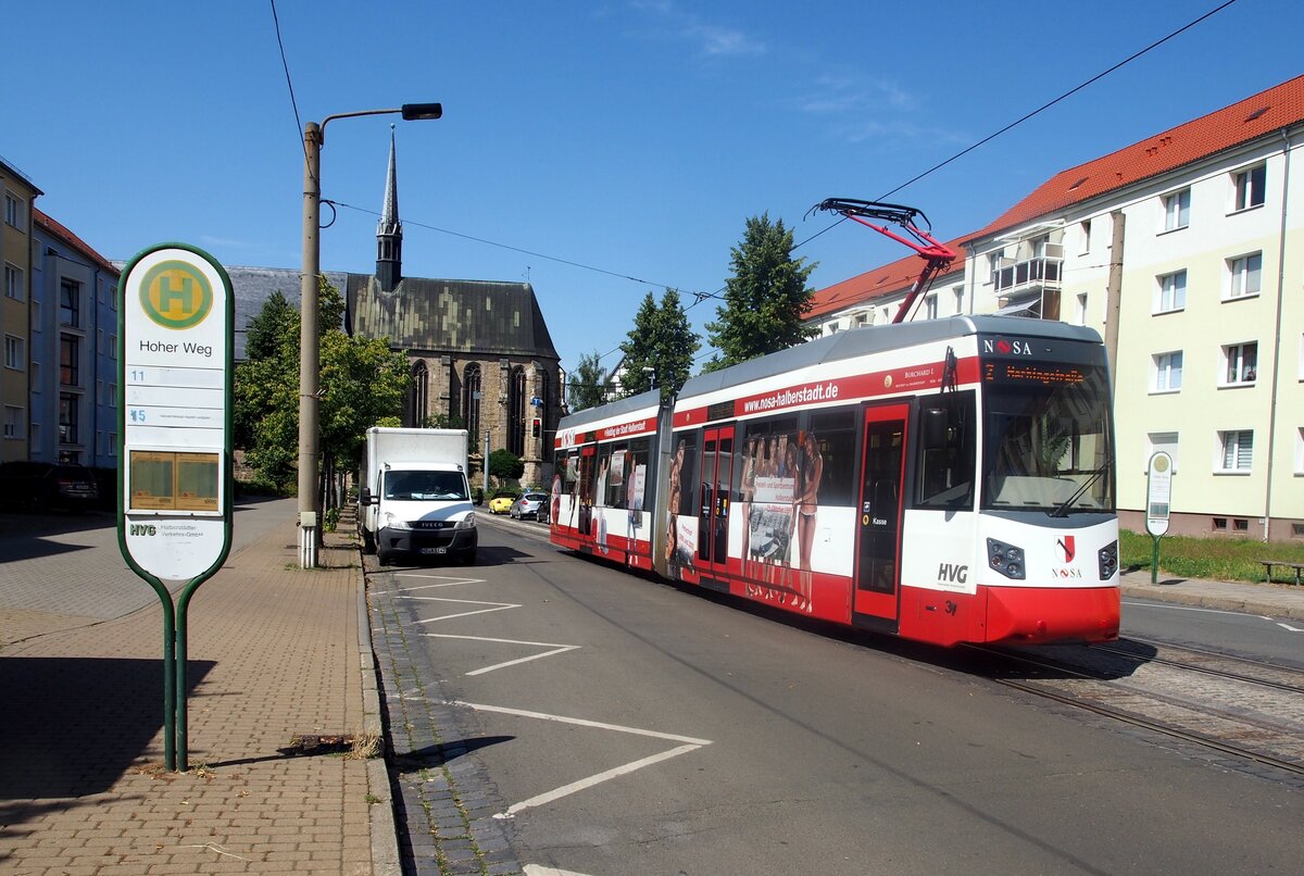 Straenbahn/ Stadtverkehr; Halberstadt;   NGTW 6-H Nr.3 Leoloiner von LFB Baujahr 2006 an der Haltestelle Hoher Weg in Halberstadt am 24.07.2019.
