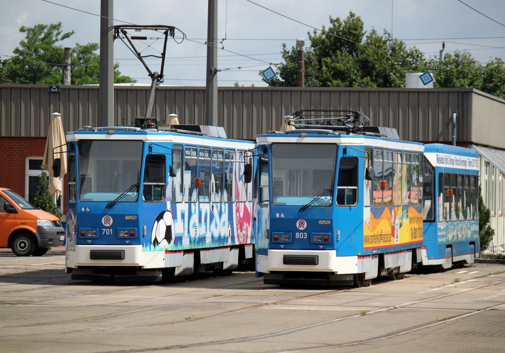 Tatra-Straenbahn 701+803 abgestellt auf dem Betriebshof der Rostocker Straenbahn AG.12.07.2014 