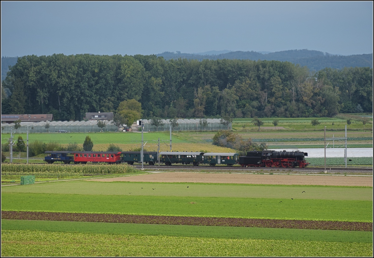 Uferdampffahrten mit Aushilfskraft 23 058.

Bei diesem wilden angehängten Sammelsurium runzelt selbst eine erfahrene Personenzuglok wie die 23 058 die Stirn. Tägerwilen, September 2021.