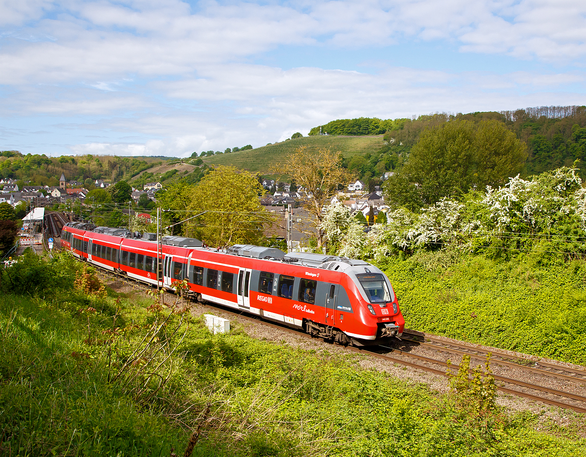 
Und nun der Gegenzug...
Der vierteilige Bombardier Talent 2 - 442 208 / 442 708  Winningen  , als RB 81  Moseltalbahn  (Trier  – Cochem – Koblenz), hat am 28.04.2018 die Mosel ber die  Glser Eisenbahnbrcke berquert und fhrt nun durch Koblenz-Moselwei.