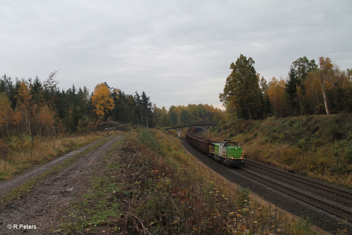 V1700.03 alias 277 004 zieht bei Wiesau den leeren Holzzug nach Cheb. 24.10.16