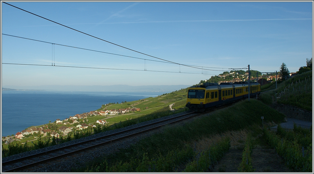 Während der  Train des Vignes  noch im Schatten der Weinberge befindet, belichtet die Sonne schon sehr grosszügig den Genfersee und die Ufer nahen Rebberge und Orte,  wie z. B. Rivaz in der Bildmitte. 
29. Mai 2011