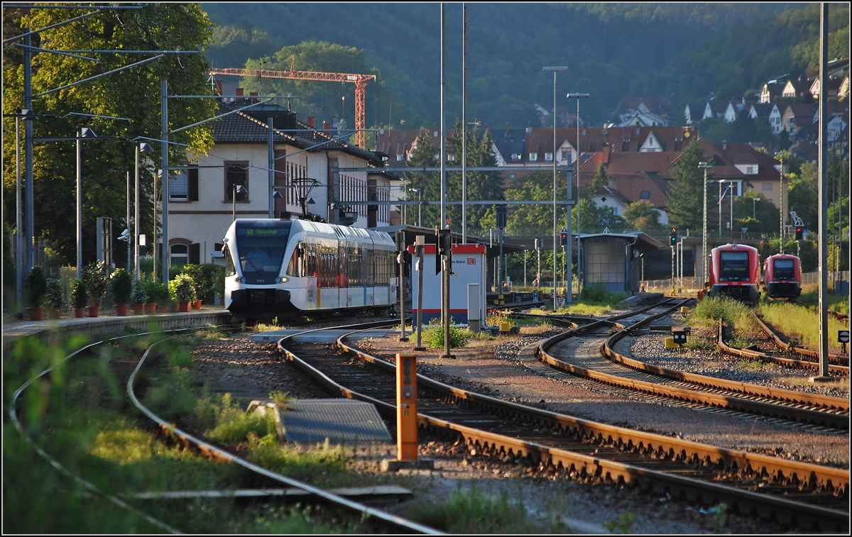 Was einst verband ist heute wieder getrennt. Der Thurbo-GTW steht auf einem Stumpengleis, das nicht mit den Bahnhofsgleisen der Hochrheinbahn in Waldhut verbunden ist. Gleis 1 ist nunmehr in einen östlichen und einen westlichen Teil getrennt. So können sich die Paragrafenreiter in deutschen und Schweizer Behörden austoben, ohne dass der Bahnverkehr beeinträchtigt wird. Eine Lösung mit einem Schuss Bauernschläue...
Waldshut, August 2009.