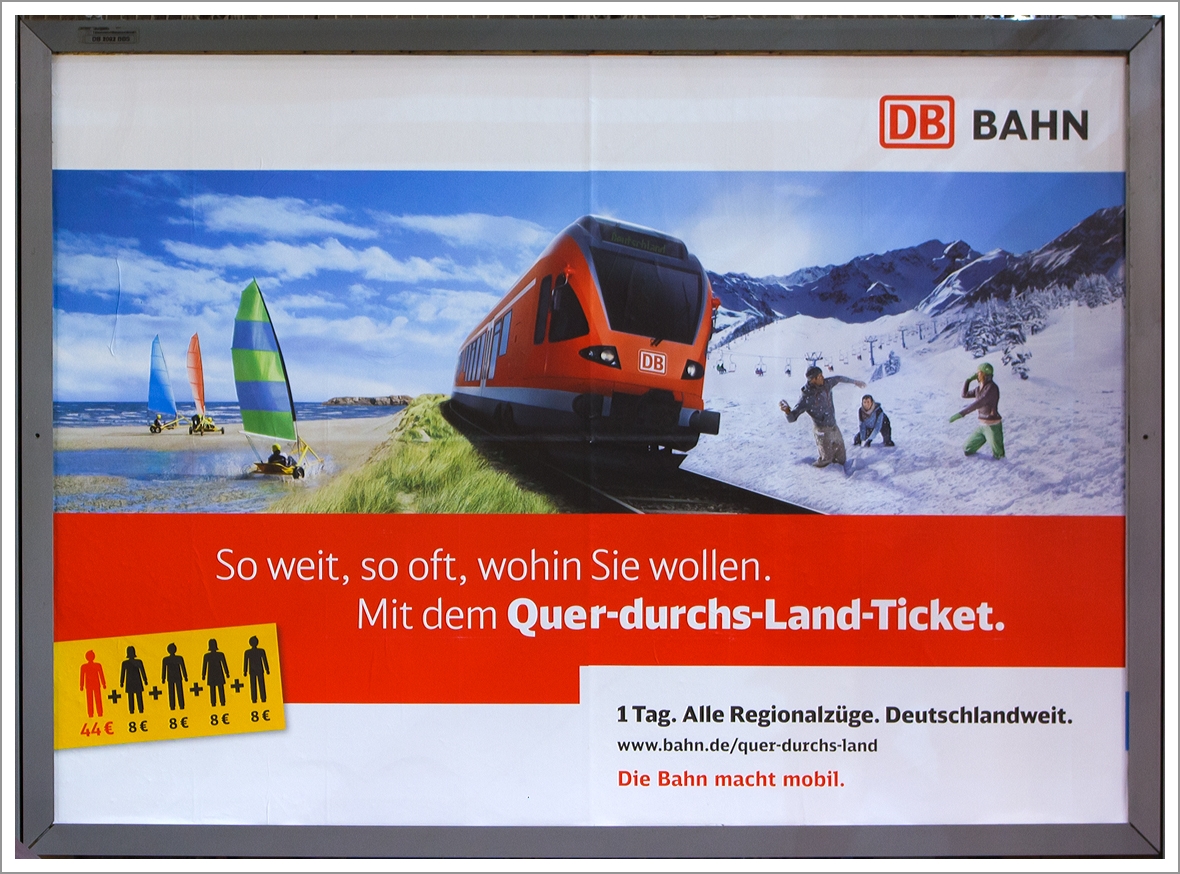 Werbungplakat für das  Quer-durchs-Land-Ticket  der Deutschen Bahn, gesehen am 29.12.2013 im Hbf Frankfurt am Main.