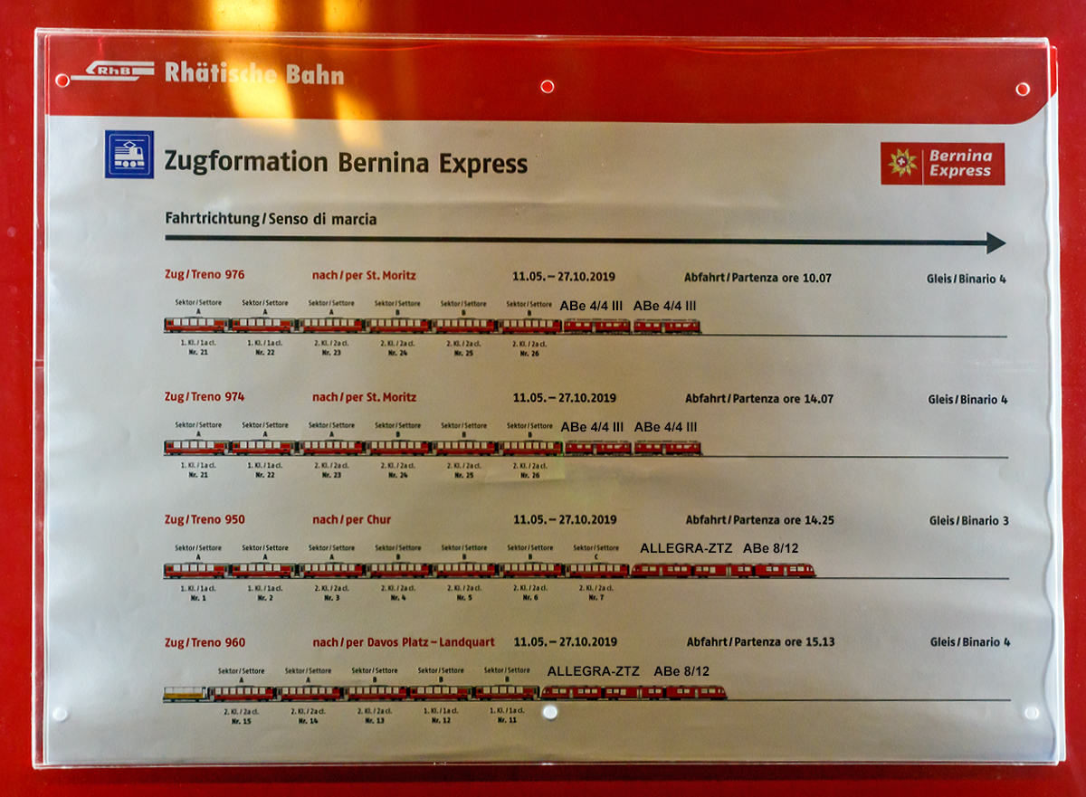 
Zuginformationstafel zum Bernina Express von Tirano (Sommerfahrplan vom 11.05. bis 27.10.2019), gesehen am 03.11.1019 im Bahnhof Tirano. Die Triebwagenbezeichnungen habe ich in Bild eingefügt.