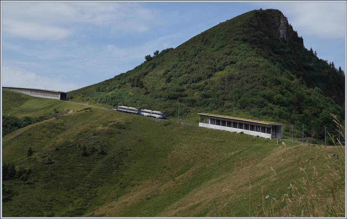 Zwei Rochers de Naye Beh 4/8 kurz nach der Station Jaman auf Bergfahrt.
3. Aug. 2017