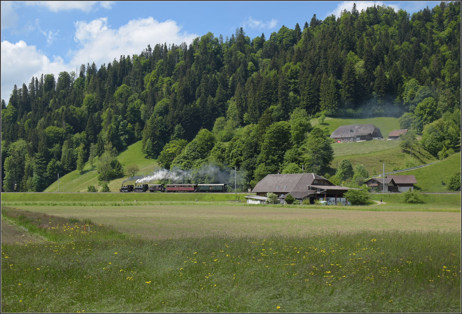 150 Jahre Emmentalbahn. 

Fotogene Vorbeifahrt von E 3/3 853 der Jura-Simplon und Ed 3/3 3 'Langnau' der Emmentalbahn mit ihrem Sonderzug auf der Bern-Luzern-Bahn. Emmenmatt Ried, Mai 2025.
