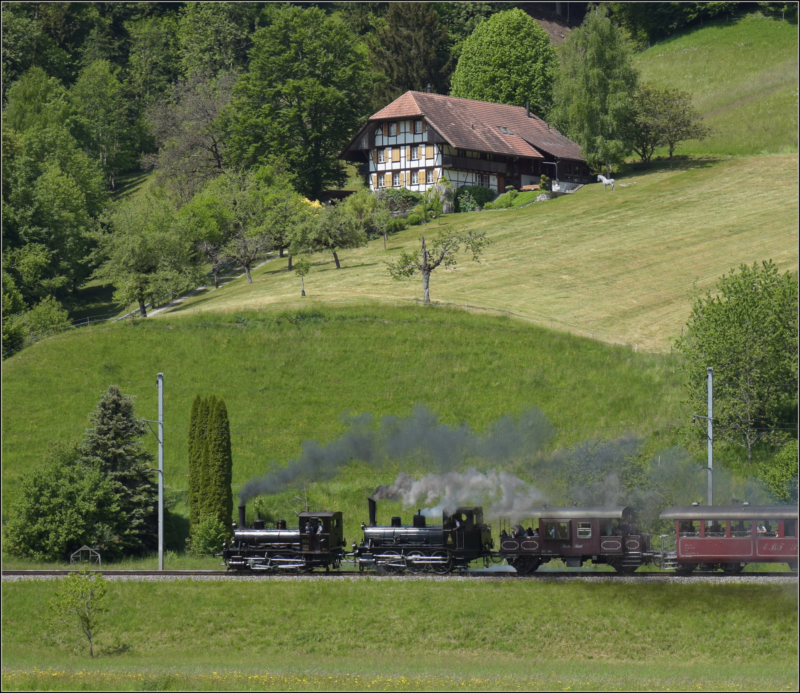 150 Jahre Emmentalbahn. 

Fotogene Vorbeifahrt von E 3/3 853 der Jura-Simplon und Ed 3/3 3 'Langnau' der Emmentalbahn mit ihrem Sonderzug auf der Bern-Luzern-Bahn. Der scheinbar etwas zu spte Auslsezeitpunkt rckt die 144-jhrige Ed 3/3 3 'Langnau' ein wenig in den Mittelpunkt, zumal bei diesem Bild sich die Dampf- und Rauchwolken die zweite Lok auch noch passend betonen. Emmenmatt Ried, Mai 2025.