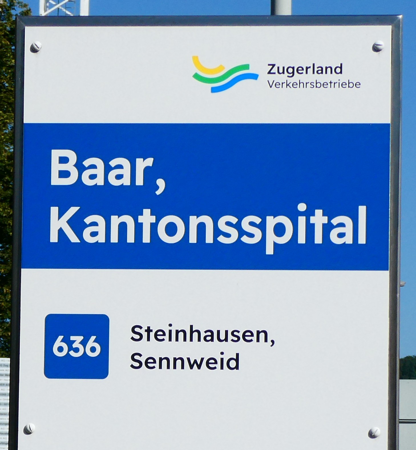 (279'392) - Zugerland Verkehrsbetriebe-Haltestellenschild - Baar, Kantonsspital - am 26. August 2025