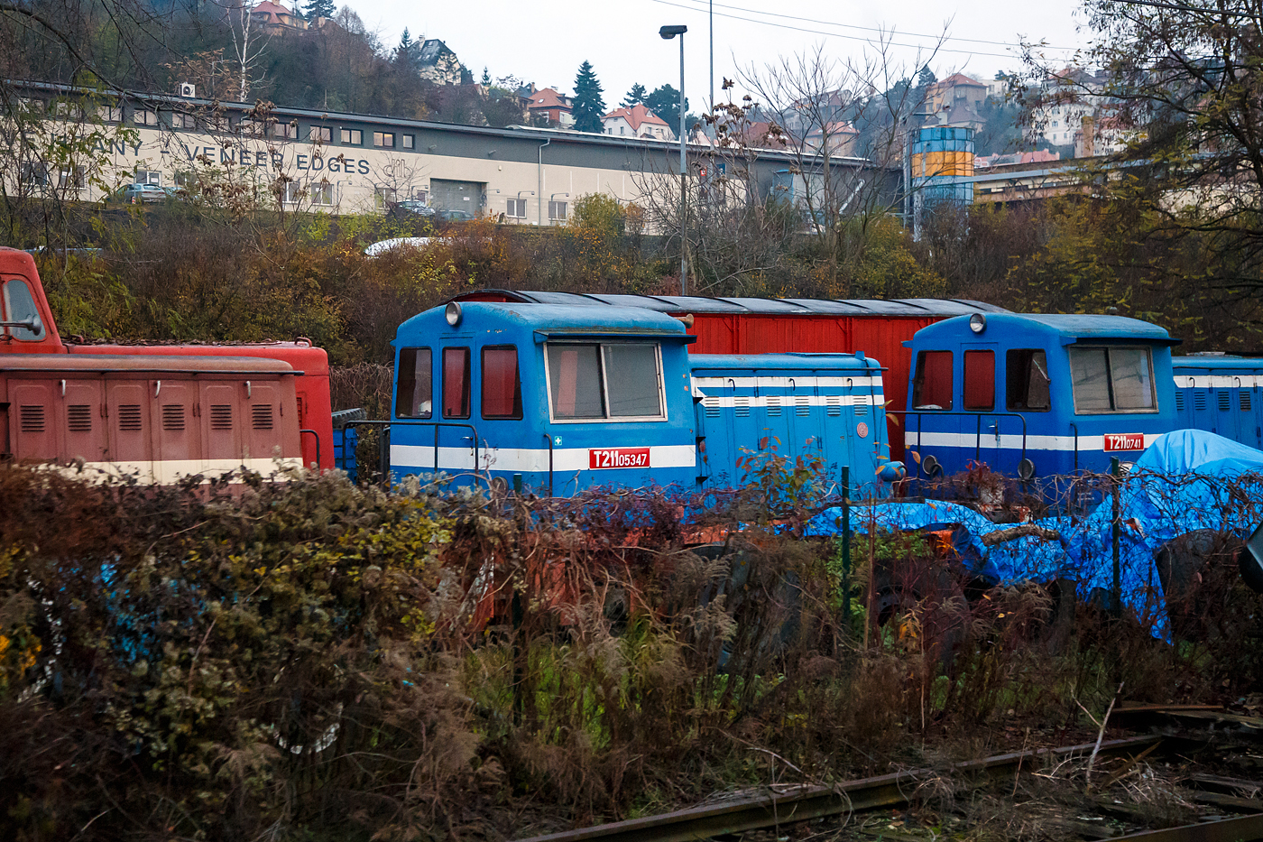 Aus dem Zug heraus und leider etwas verdeckt.....
Die ex ČSD T 211.05347 und einige weitere ex ČSD T 211.0 (spätere ČD BR 700) mit dem Spitznamen Prasátko (Schwein), stehen am 24.11.2022 bei Praha-Smichov. 

Die ČSD-Baureihe T 211.0 (ab 1988: Baureihe 700) waren zweiachsige dieselmechanische Rangierlokomotiven der Tschechoslowakischen Staatsbahn ČSD. Neben dem Bau von Dampflokomotiven wurde ab 1953 bei ČKD diese Lokomotive konstruiert, und im Jahr 1956 wurde ein Prototyp an die ČSD geliefert. Das Aussehen dieser einfachen Konstruktion, die leichte Bedienung und die Instandhaltung überzeugten, und so wurden von 1957 bis 1961 in verschiedenen Werken insgesamt 835 Exemplare produziert.

Diese kleine Lokomotive wurde für den leichten Dienst (leichter Rangierdienst, Verschub in Depots) sowie als leichte Werklokomotive verwendet. Als Leistungsquelle wurde der LKW-Dieselmotor Tatra 111 A gewählt, die Leistungsübertragung besorgte das bei den Loks M 131.1 bewährte Mylius-Getriebe.

Außer für die ČSD wurde diese Lokomotive für verschiedene Betriebe und in den Export (DDR, China, Bulgarien, Ägypten, UdSSR, Polen, Rumänien, Albanien, Irak, Indien und Ungarn) in den verschiedensten Ausführungen geliefert.

Innerhalb dieser Baureihe gab es einige Abweichungen sowohl im Aussehen als auch in einigen technischen Details. So befinden sich bei einem Teil der Lokomotiven die Türen an der Seite des Führerhauses, bei der Mehrzahl ist der Einstieg von hinten. Alle Aufbauten der Lokomotive wurden konstruktiv so gestaltet, dass sie für verschiedene Spurweiten von 600 mm bis 1.676 mm verwendet werden konnten.

Ein Großteil der Lokomotiven erhielt später neue Motoren mit 147 kW Leistung. Diese Rekonstruktion führte zur Einreihung in die Baureihe T 211.1. Die Lokomotiven mit Originalmotor wurden 1988 in die Baureihe 700, die rekonstruierten Maschinen in die Reihe 701 umgenummert.

TECHNISCHE DATEN:
Gebaute Anzahl: 835
Hersteller: 	ČKD u. a.
Baujahre: 1953 bis 1961
Achsformel: B
Spurweite: 	1.435 mm (Normalspur)
Länge über Puffer:  7.240 mm
Dienstgewicht: 22,0 t
Höchstgeschwindigkeit: 40 km/h
Installierte Leistung:  121 kW
Anfahrzugkraft: 57 kN
Leistungskennziffer: 6,68 kW/t
Motorentyp: 14,8 Liter luftgekühltem 12-Zylinder Dieselmotor vom Typ Tatra 111 A
Leistungsübertragung: mechanisch
