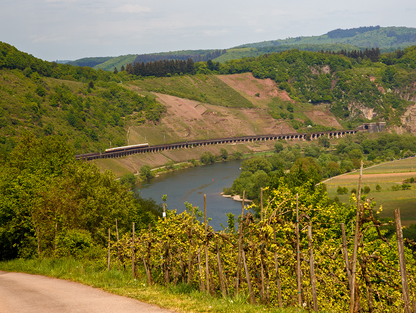 Dampfspektakel 2018 - Die 103 113-7 (91 80 6103 113-7 D-DB) vom DB-Museums in Koblenz fährt am 29.04.2018, mit ihrem kurzem TEE (Trans Europ Express) Koblenz - Wittlich - Trier, auf dem Pündericher Hangviadukt in Richtung Trier.

Der 786 m lange Pündericher Hangviadukt auf der Moselstrecke gegenüber von Pünderich an der Mosel ist der längste Hangviadukt in Deutschland. Unmittelbar am nördlichen Ende des Viaduktes beginnt der Prinzenkopftunnel (hier rechts im Bild). Der Hangviadukt ist etwa zehn Meter hoch und weist 92 Bögen auf. Jeder der Bögen hat eine lichte Weite von 7,20 m, die Pfeiler sind 1,30 m stark. Die Brücke besteht aus Bruchsteinen aus einem nahegelegenen Steinbruch und Ziegelsteinen, die von Ziegeleien aus Merl und St. Wendel geliefert wurden. Insgesamt wurden 19.000 m3 Mauerwerk verbaut.