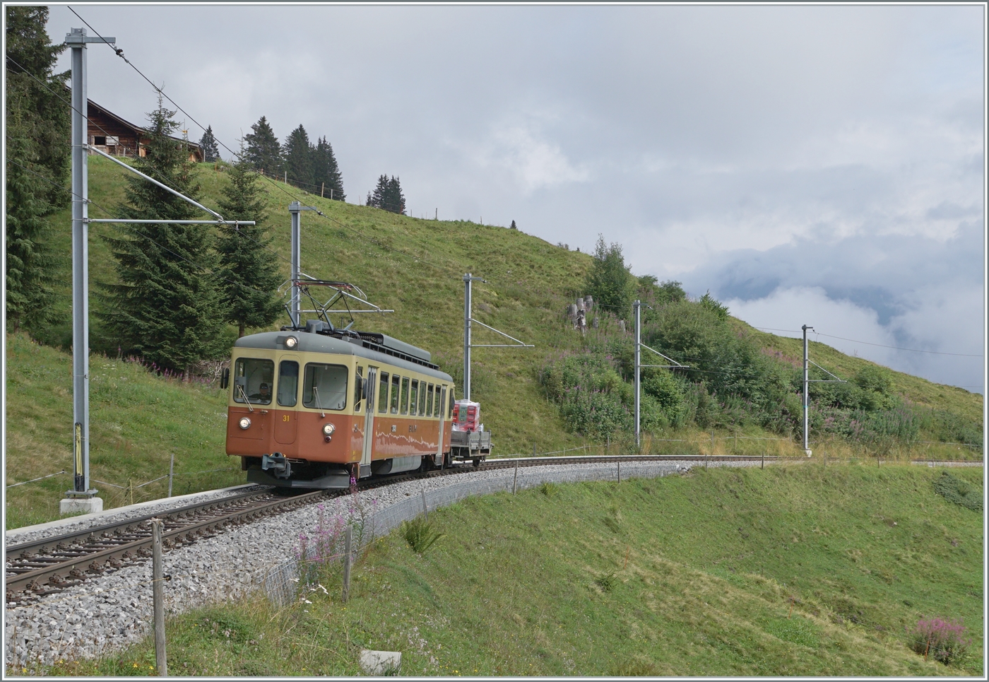 Der BLB Be 4/4 31  LISI  ist als R66 zwischen Grütschalp und Winteregg auf der Fahrt nach Müren. 

8. August 2024