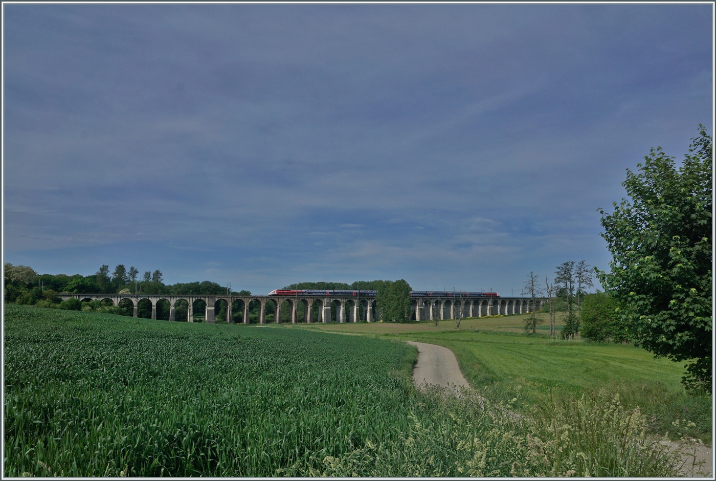 Der Lyria TGV 9203 von Paris nach Zürich überquert kurz nach Dannemarie den 380 Meter langen Viaduc de Ballerdorf. Der Viadukt wurde 1857 gebaut und verband Dannemarie mit Basel. 

19. Mai 2022 