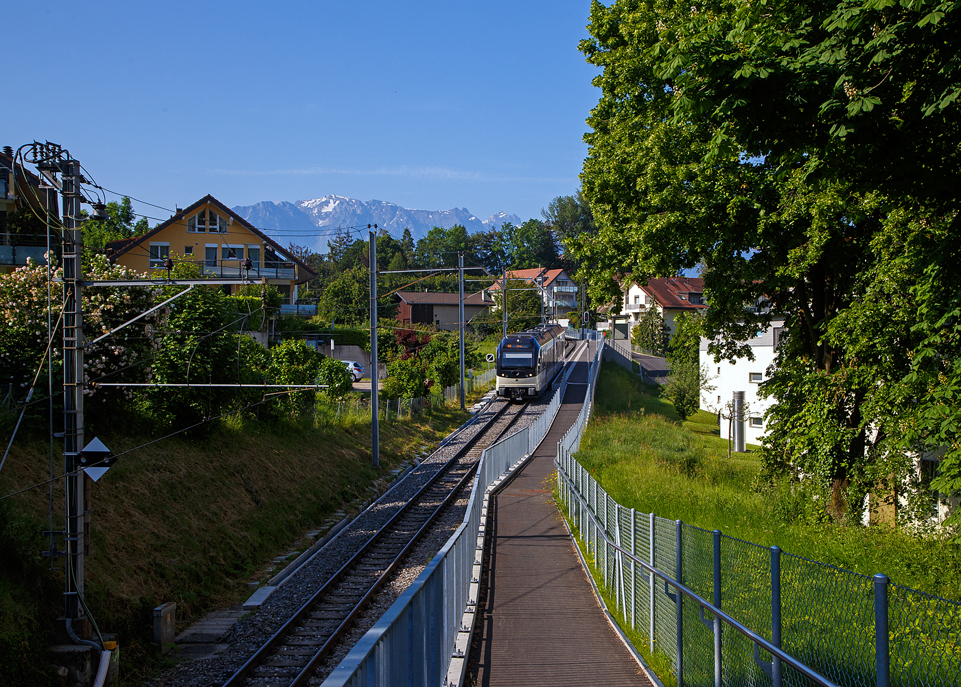 Der MVR (ex CEV) SURF ABeh 2/6 7501  Saint-Légier-La Chiésa , als R /(Regionalzug) von Blonay nach Vevey, fährt am 27.05. 2023 ohne Halt durch die neue Bedarfshaltestelle Vevey Vignerons, welche leider die beiden Haltestellen Clies und Gilamont ablöst hat.

SURF steht für Série Unifiée Romande pour Réseau Ferré métrique (Einheitliche Serie für das Westschweizer Meterspurige Schienennetz). Diese ab 2015 gebaute meterspurige Triebzüge mit gemischtem Adhäsions- und Zahnradbetrieb gehören zu den Stadler GTW der 4. Generation.
