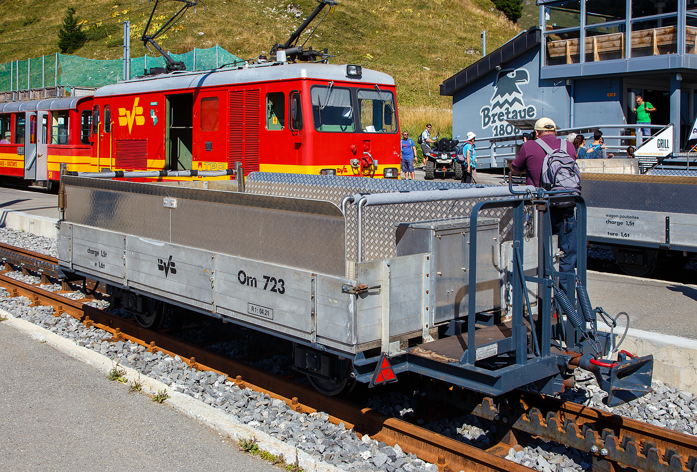 Der zweiachsige Güterwagen mit Bremserbühne bzw. Vorstellwagen tpc BVB Om 723 (ex BVB OM° 123) abgestellt im Bergbahnhof Col-de-Bretaye (1.808 m ü. M.), hier am 10.09.2023.

Der Wagen wurde 1944 von Robert Aebi & Cie. A.G. in Zürich (RACO) gebaut, er hat ein Eigengewicht von 1,6 t die maximale Zuladung beträgt 1,5 t. 
