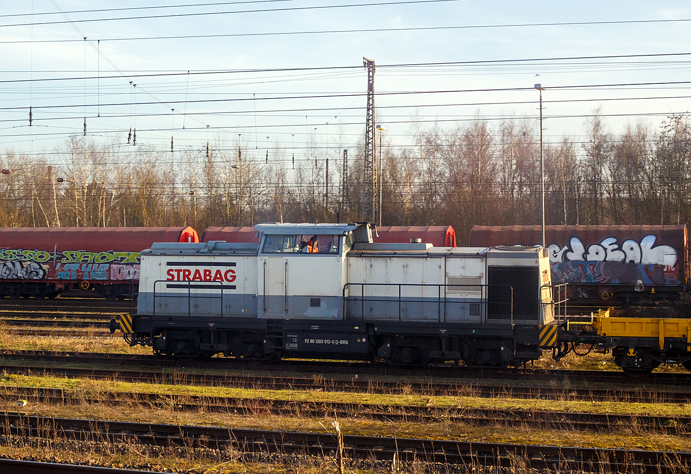 Die 203 012-0 (92 80 1203 012-0 D-BRS) der STRABAG Rail GmbH (Lauda-Königshofen) am 21 Januar 2025 mit einem Bauzug bei Wanne-Eickel. Die Aufnahme ist aus einem IC heraus.

Die V 100.1 wurde 1974 von LEW (VEB Lokomotivbau Elektrotechnische Werke „Hans Beimler“ Hennigsdorf) unter der Fabriknummer 14081 gebaut und an die DR als 110 654-1 ausgeliefert. Der Umbau in DR 112 654-9 erfolgte 1983 im BW Pasewalk, eine Umzeichnung in DR 202 654-0 erfolgte zum 01.01.1992 und 1994 ging sie dann mit in die DB über. Die z-Stellung erfolgte 1996 und Ausmusterung 1998 bei der DB. Nach vielen Stationen ist sie seit Januar 2019 bei der STRABAG Rail GmbH. Das Halterkürzel „BRS“ steht für Strabag BMTI Rail Service GmbH (Berlin). 
