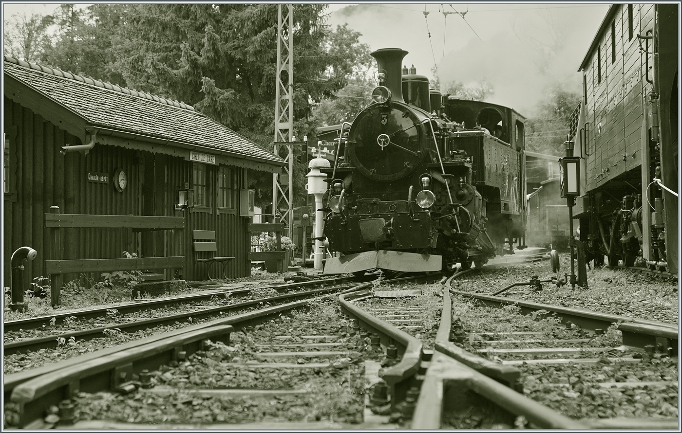 Die BFD HG 3/4 N§ 3 ist mit ihrem Dampfzug aus Blonay in Chalin angekommen und dampft nun zur Lokbehandlung wo die Lok mit Kohle und Wasser für die nächste Fahrt versorgt wird. 

6. Juli 2024
