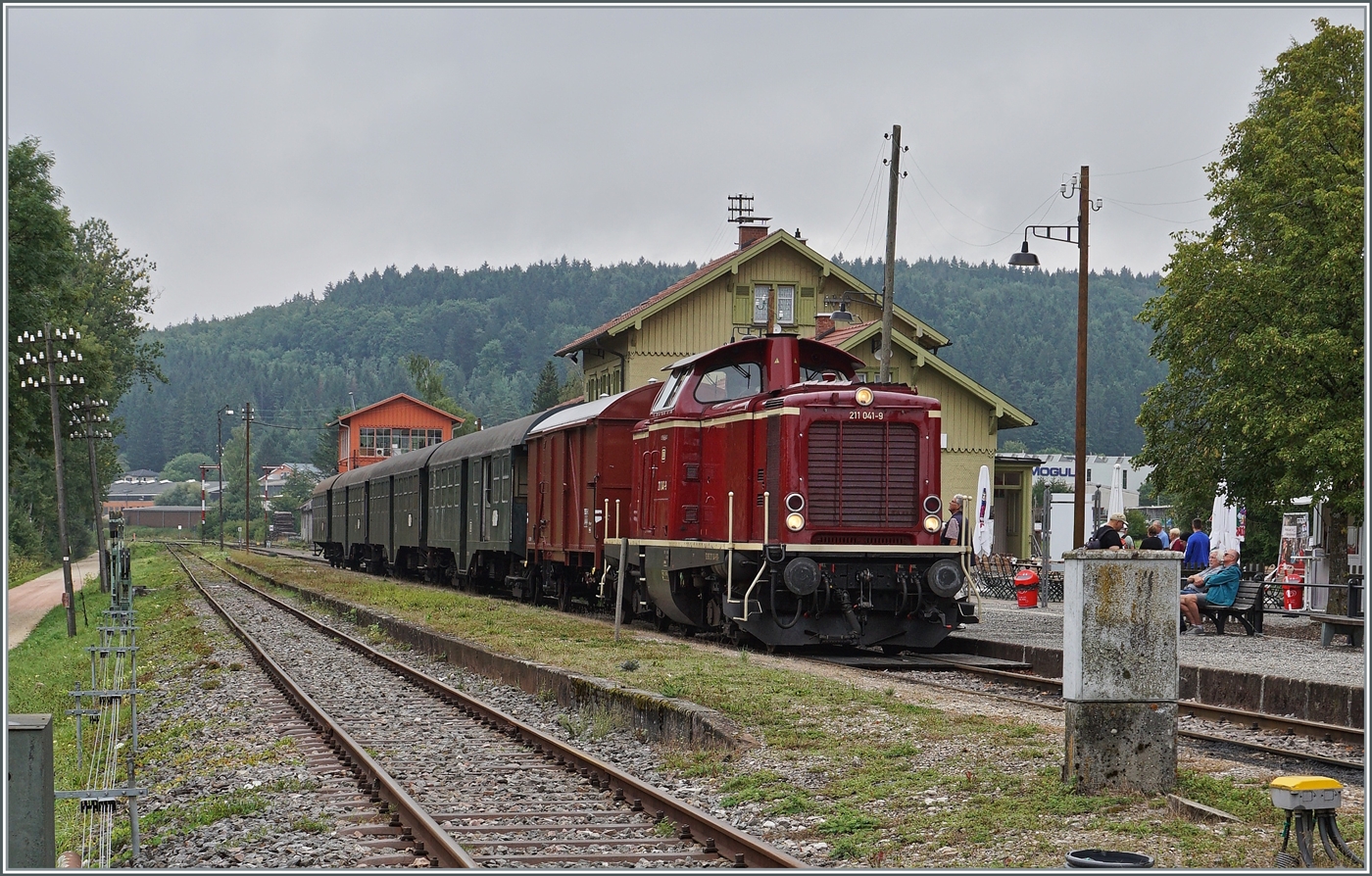 Die Diesellok 211 041-9 (92 80 1211 041-9 D-NeSA) mit einem stimmigen Zug aus Umbauwagen wartet als  Morgenzug  im Bahnhof Zollhaus Blumberg auf die Abfahrt. Die Aufnahme entstand beim offenen Bahnbergang.

27. August 2022