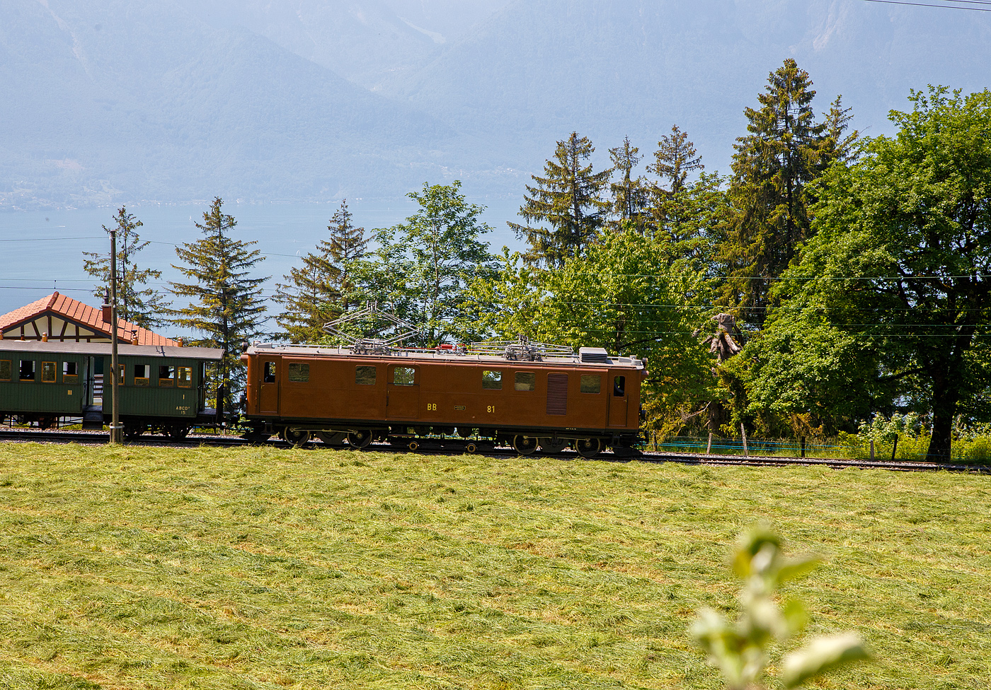 Die ehemalige Berninabahn RhB Ge 4/4 81 der Museumsbahn Blonay–Chamby, ex RhB Ge 4/4 181, ex BB Ge 4/4 81, ex BB Ge 6/6 81, fährt am 27 Mai 2023 mit einem kurzen Zug von Chaulin nach Blonay hinab.