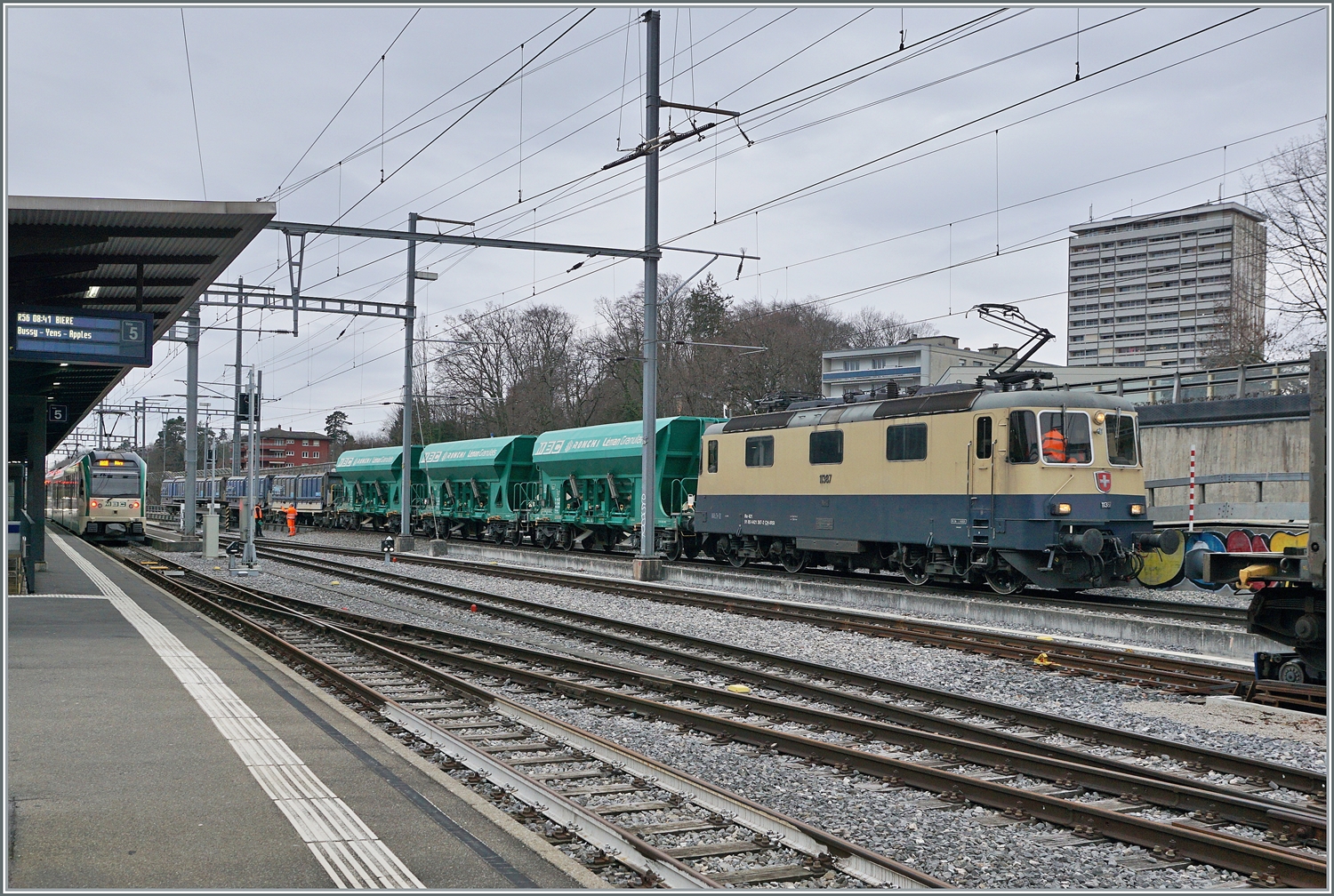 Die  IRSI Rheingold Re 4/4 II 11387 (Re 421 387) ist in Morges mit ihrem Kieszug von Gland angekommen und schiebt diesen nun über die Rollbockanlage. 

4. März 2024