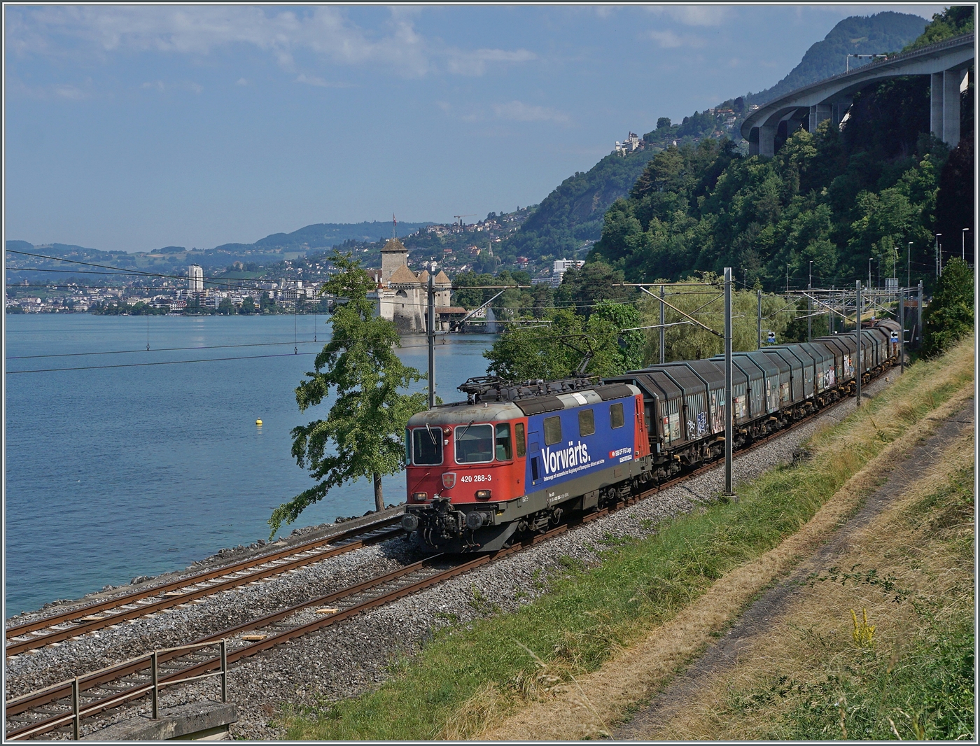 Die SBB Re 4/4 II 11288 (RE 420 288-3) ist kurz vor Villeneuve mit einem G�terzug au dem Weg nach Sierre. 

30. Juni 2025
