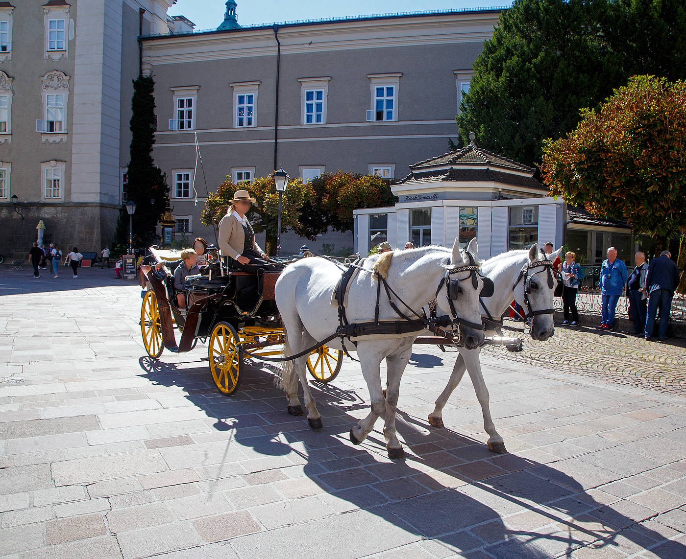 Ein Fiaker (Zweisp�nner) am 12.09.2022 in Salzburg am Domplatz.