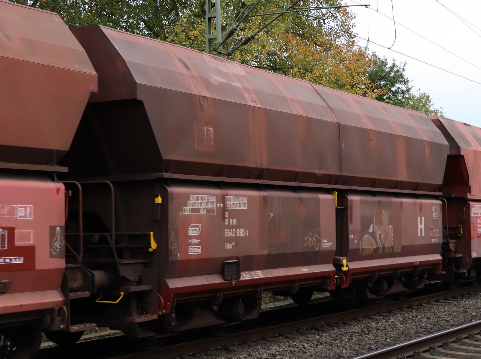 Falns Schttgutwagen mit schlagartiger Schwerkraftentladung mit Nummer 81 80 D-DB 6642 880-1 bei Bahnbergang Grenzweg, Hamminkeln, Deutschland 03-11-2022.

Falns vierassige zelflosser met nummer 81 80 D-DB 6642 880-1 bij de overweg Grenzweg, Hamminkeln, Duitsland 03-11-2022.