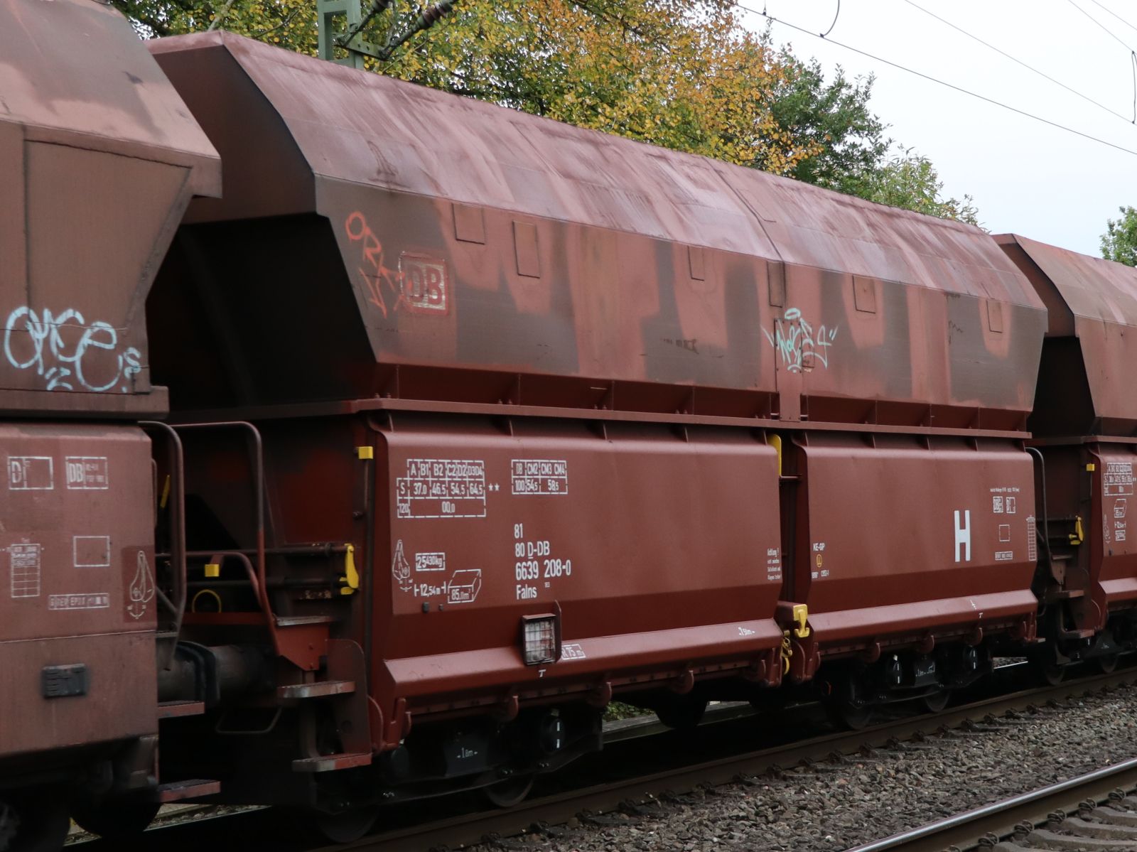 Falns Schttgutwagen mit schlagartiger Schwerkraftentladung mit Nummer 81 80 D-DB 6639 208-0 bei Bahnbergang Grenzweg, Hamminkeln, Deutschland 03-11-2022.

Falns vierassige zelflosser met nummer 81 80 D-DB 6639 208-0 bij overweg Grenzweg, Hamminkeln, Duitsland 03-11-2022.
