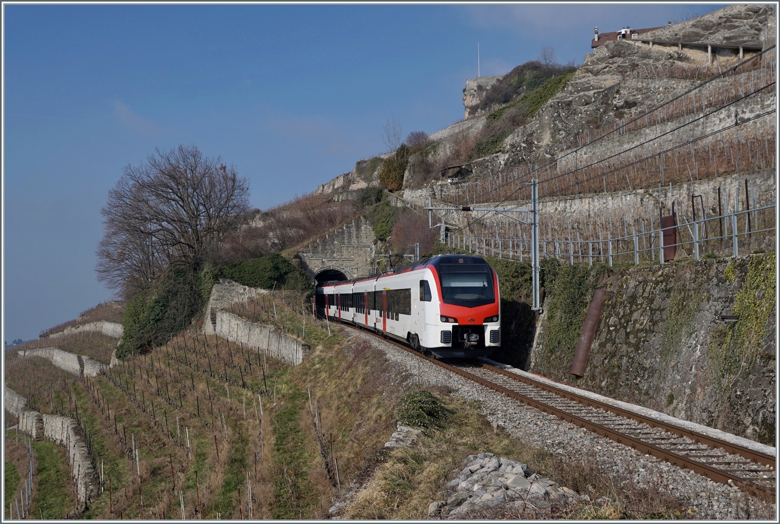  Fernverkehr  auf der Train de Vignes Strecke: der für den Fernverkehr beschaffte SBB RABe 523 503  Mouette  (RABe 94 85 0 523 503-6 CH-SBB) ist als S7 auf der Train de Vignes Strecke zwischen Chexbres und Vevey unterwegs.

11. Feb. 2023