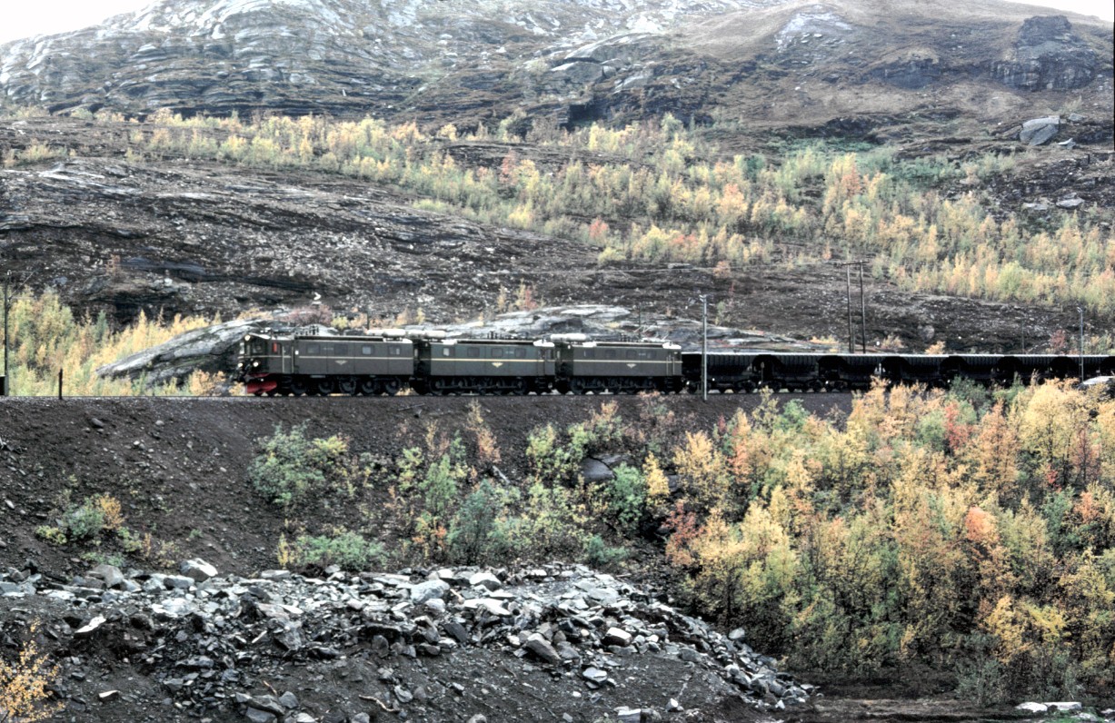 Foto von Kenth hlin in Sammlung von Karl Sauerbrey: NSB El 12 mit Erz-Leerzug bei Tornehamn im September 1982.