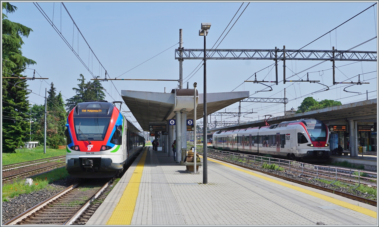 Gleich zwei SBB TILO Flirts zeigen sich in Gallarate: Links der RABe 524 116 als S 50 von Bellinzona nach Malpensa Terminal 1 und rechts der RABe 524 002 als S 30 nach Luino. 

23. Mai 2023
