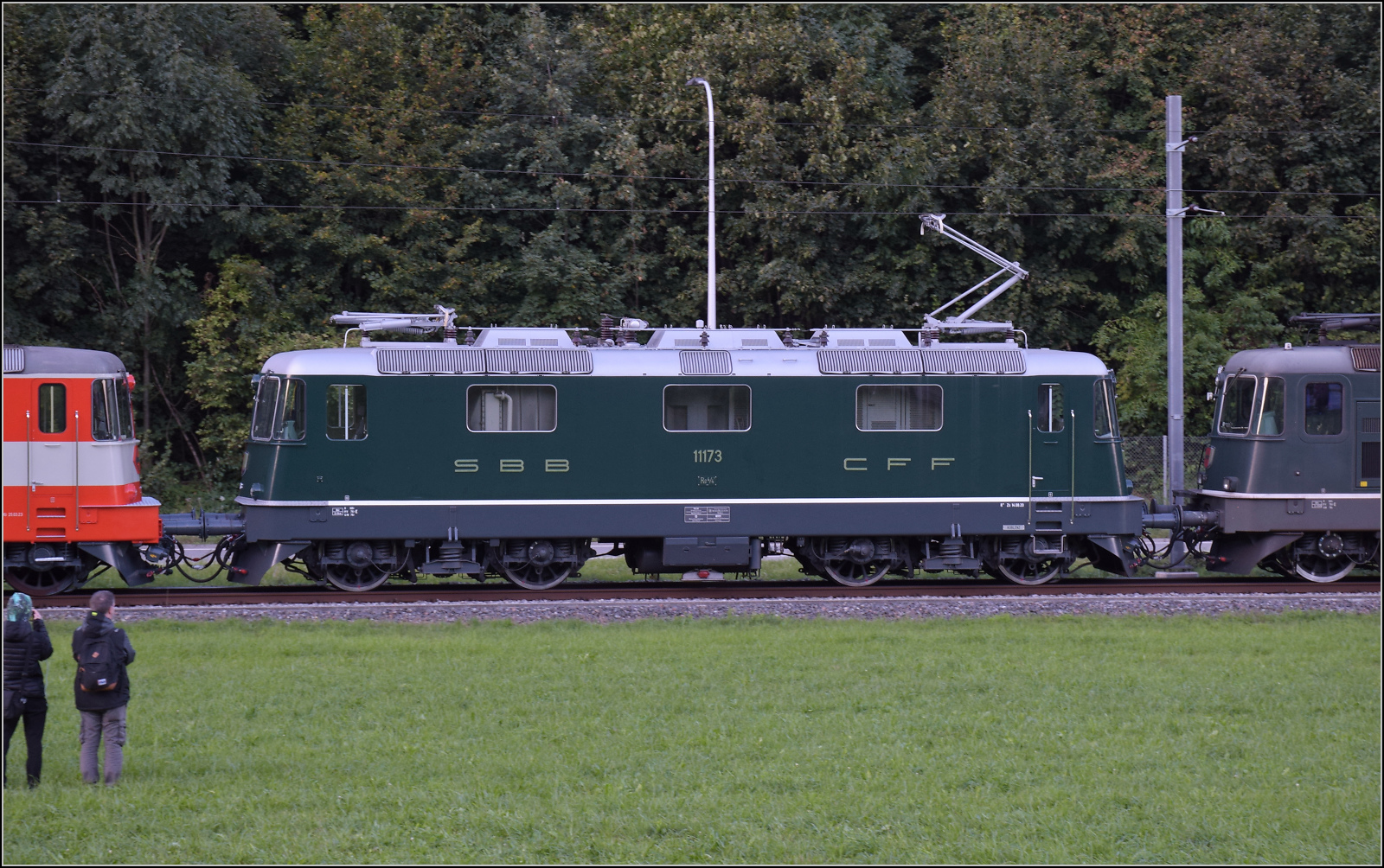 Grosses BoBo-Treffen in Balsthal - die Teilnehmerinnen:

Mein Star ist Re 4/4 II 11173 der DSF im grnen Gewand. Bei dieser Lok wurde mit sehr viel Liebe zum Detail der Originalzustand hergestellt. Manche Dinge sieht man kaum, aber sie tragen zum stimmigen Aussehen bei, wie etwa die Fortsetzung des weissen Zierstreifens durch ein Riffelblech an der Lokfront. ussere Klus, September 2024.