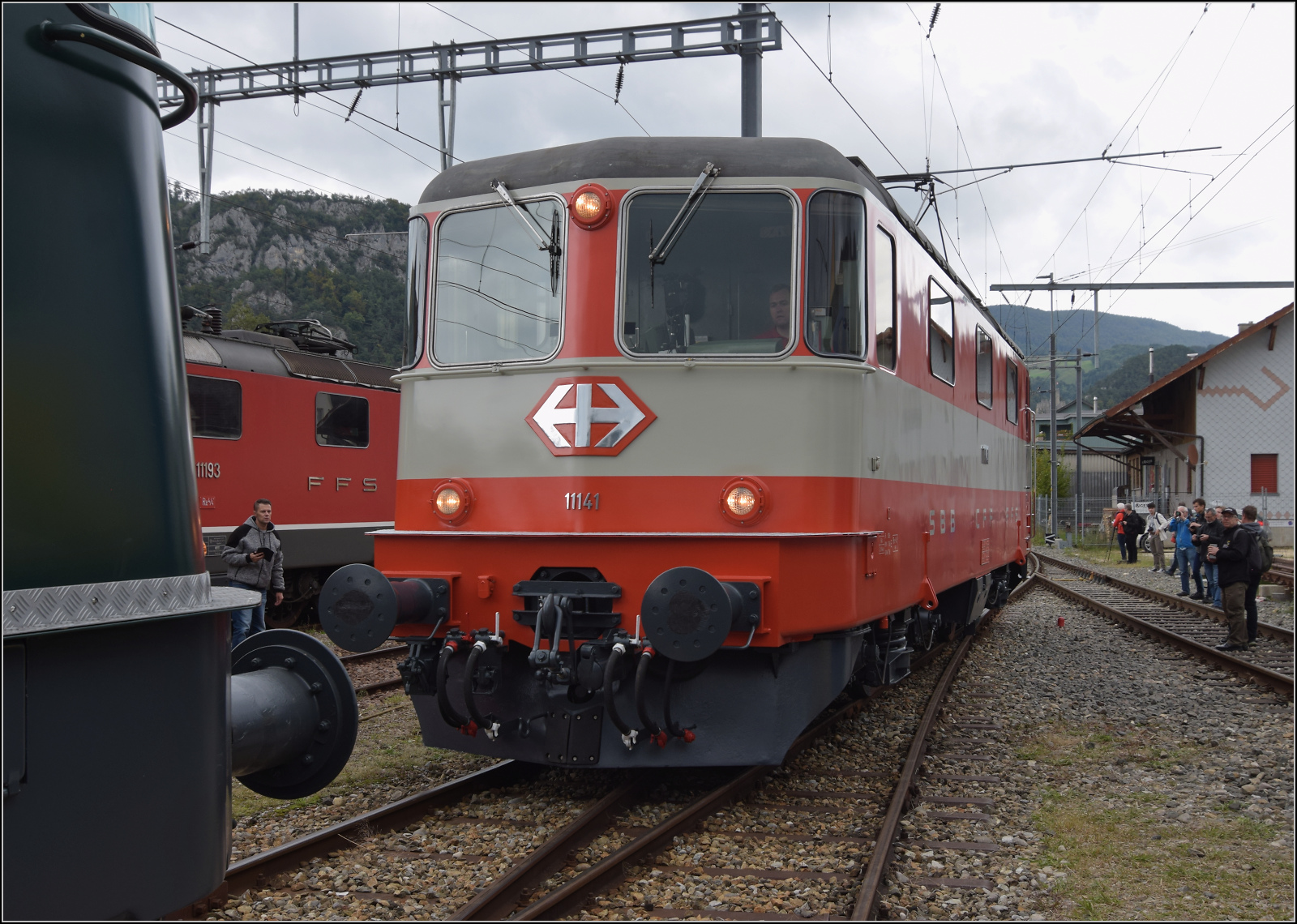 Grosses BoBo-Treffen in Balsthal - die Teilnehmerinnen:

Re 4/4 II 11141 ist der zweite Star der DSF beim Treffen. Die ehemalige Swiss-Express-Lok fhrt neuerdings wieder im Originalgewand als Cremeschnitte umher. Mit dieser Neuheit ist eine berraschung fr die Fans dieser Baureihe gelungen. Balsthal, September 2024.