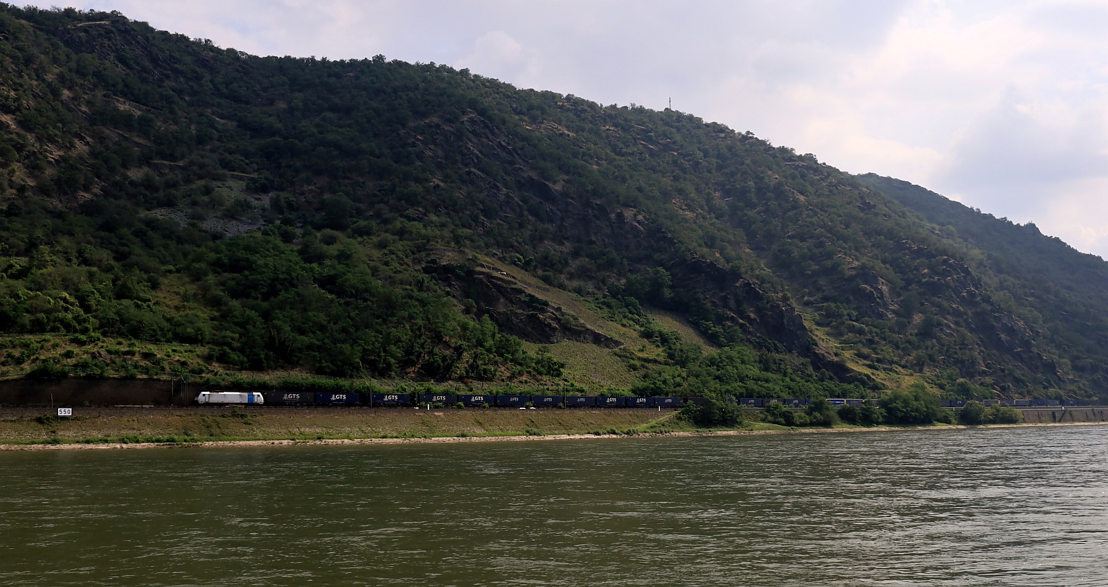 Höhe Oberwesel...RP 186 493-3 mit dem GTS Containerzug. 03.08.2024