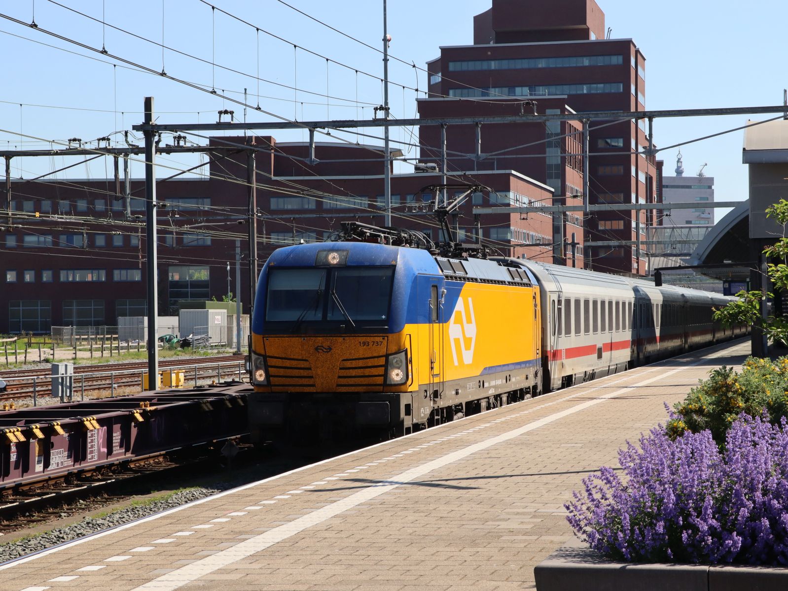 NS Vectron Lokomotive 193 737-4 (91 80 6193 737-4 D-ELOC) mit intercity von Berlin nach Amsterdam Gleis 7 Amersfoort Centraal 14-05-2024.

NS Vectron locomotief 193 737-4 (91 80 6193 737-4 D-ELOC) met intercity van Berlijn naar Amsterdam spoor 7 Amersfoort Centraal 14-05-2024.