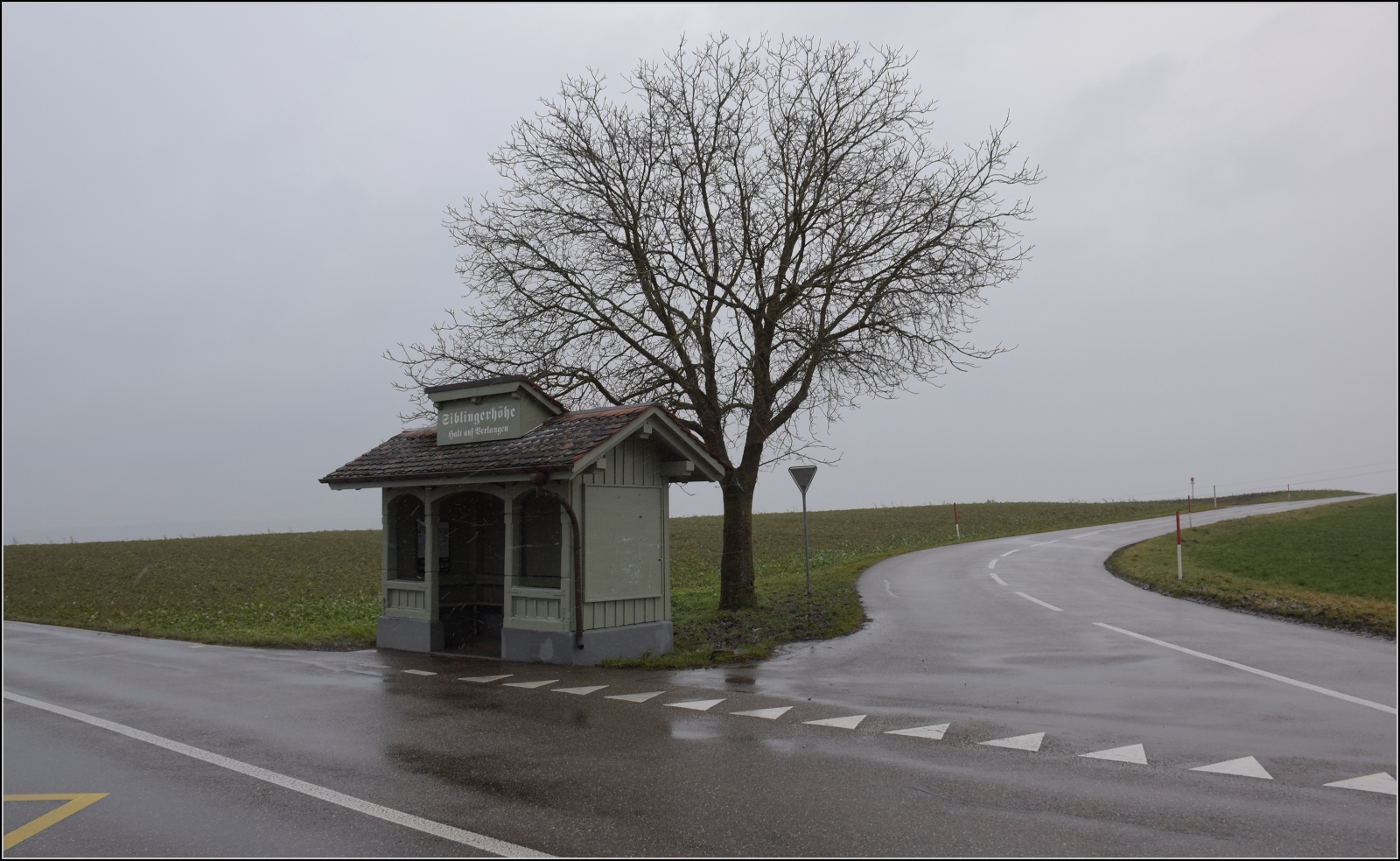 Überraschung mitten in der Landschaft. Das Wartehäuschen auf der Siblinger Höhe ist ein Relikt vergangener Tage und zeugt 60 Jahre nach der Einstellung ihres Betriebs von der Strassenbahn Schaffhausen-Schleitheim. Januar 2024. 