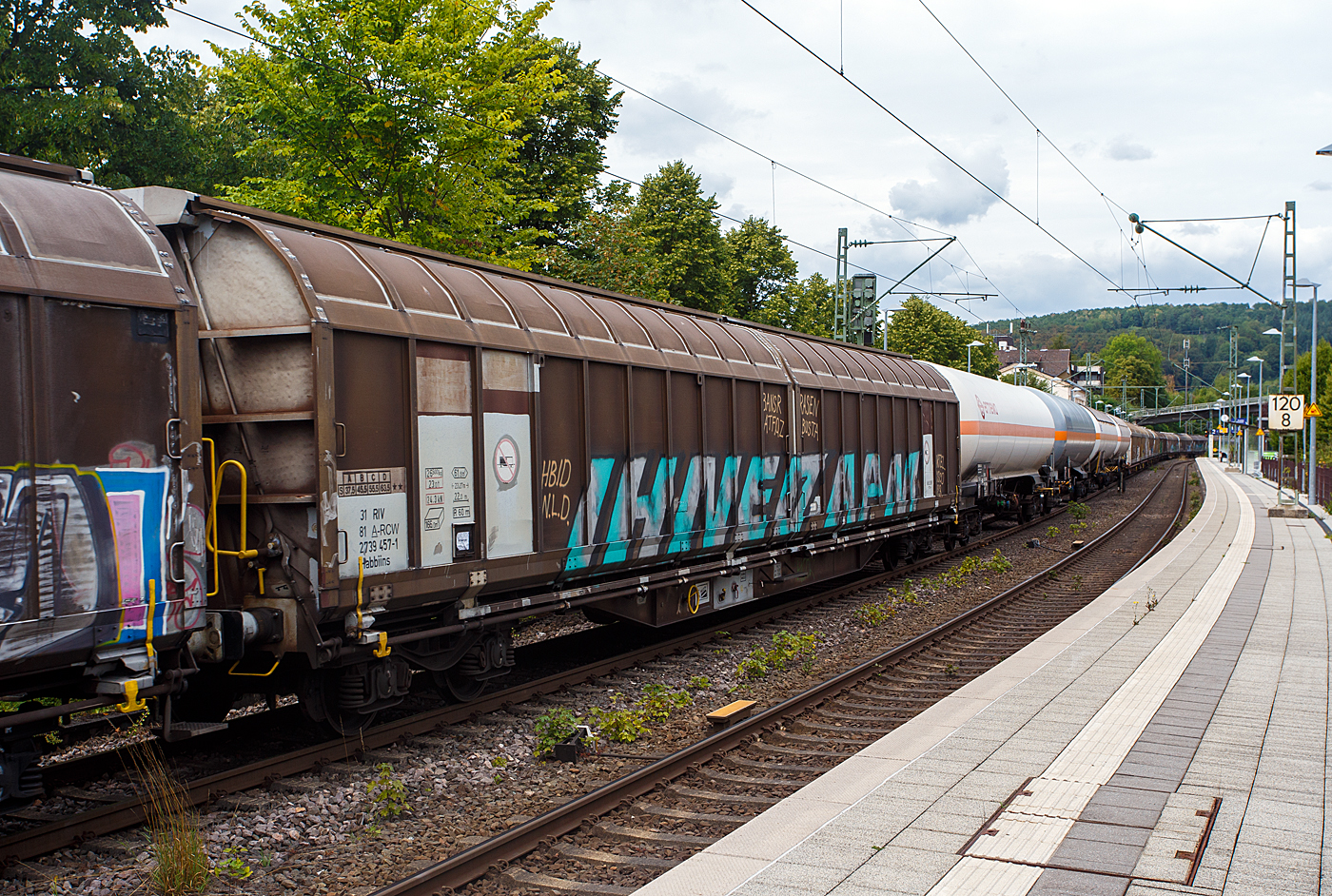 Vierachsiger gedeckter Drehgestell-Gro�raumschiebewandwagen, 31 81 2739 457-1 A-RCW, der Gattung Habbiins, der Rail Cargo Austria (zur �BB), am 06 August 2026 im Zugverband bei einer Zugdurchfahrt in Kirchen/Sieg.

Diese Wagen sind speziell geeignet f�r den Transport von empfindlichen G�tern auf Paletten bzw. Papierrollen. Sch�tzt vor N�sse und Transporteinwirkungen. Die Schiebew�nde k�nnen von einer Person bewegt werden. Bindem�glichkeiten f�r Ladungen sind 2 x 16 im Wagenboden und 2 x 4 an den Ecks�ulen vorhanden.

TECHNISCHE DATEN:
Gattung: Habbiins 2741 (Gedeckter Wagen in Sonderbauart, ohne Trennw�nden)
Spurweite: 1.435 mm (Normalspur)
L�nge �ber Puffer: 23.270 mm
Drehzapfenabstand: 17.730 mm
Achsabstand im Drehgestell: 1.800 mm
Ladel�nge: 22.000 mm
Ladebreite: 2.800 mm
Ladefl�che: 61,5 m�
Rauminhalt: 166,0 m�
Breite d. Seitent�ren�ffnung: 10.810 mm
Eigengewicht: 26.500 kg
Max. Zuladung: 55,5 (Streckenklasse C), 63,5 t (ab Streckenklasse D)
Max. Geschwindigkeit: 100 km/h (beladen) / 120 km/h (leer)
Bremse: KE-GP-A (LL)
Bremssohle: 
Handbremse: Ja
Kleinster befahrbarer Gleisbogen: R 60 m
Intern. Verwendungsf�higkeit: RIV 

Die Bedeutung der Gattungs- und Kennbuchstaben (hier Habbiins): 
H – Gedeckter Wagen in Sonderbauart
a - mit vier Rads�tzen
bb - bei mit vier o. mehr Rads�tzen Ladel�nge mindestens 22 m
ii - mit hochfesten, �ffnungsf�higen Seiten-, Schiebew�nden
n - mit vier Rads�tzen h�chste Lastgrenze �ber 60 t
s - lauff�hig bis 100 km/h
