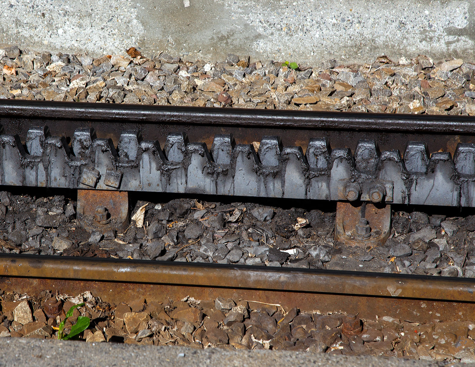 Zwei lamellige (doppelte) Zahnstangen vom System Abt, hier der tpc AL (Aigle-Leysin-Bahn) im Bahnhof Leysin-Feydey am 08.09.2023.