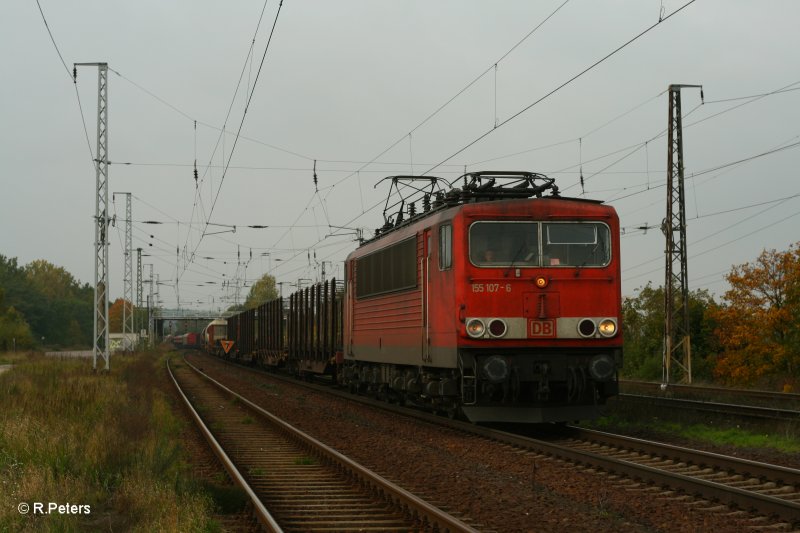 155 107-6durchf�hrt Saarmund mit ein gemischten G�terzug. 12.10.07