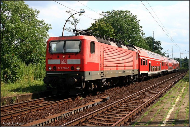 DB 143 278-0 mit RB21 Wustermark in Potsdam Marquardt, 16.07.2009
<br><br>
DB Regio AG - RL Südost Dresden; Update: abgestellt Dresden-Altstadt; 04/2012: Reparatur und Umbeheimatung nach Cottbus, 2015 in Dresden-Alstadt z; ++ 23.03.2016