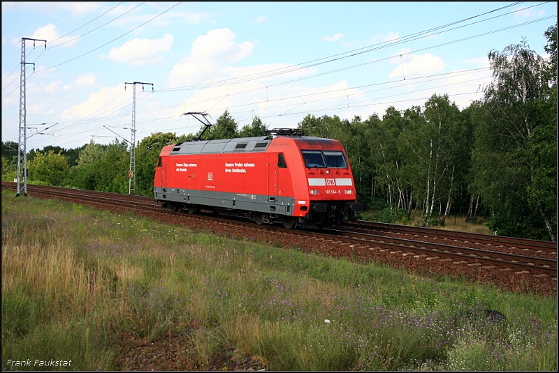 DB Fernverkehr 101 134-5  Unsere Z�ge schonen die Umwelt  solo unterwegs (Berlin Wuhlheide, 21.07.2009)
