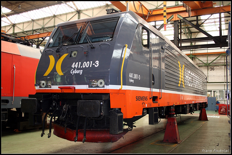 HCTOR 441.001-3  Cyborg  wartet wie viele andere Loks auch auf neue Drehgestelle. Inzwischen arbeitet das Werk nicht ausschlie�lich f�r die DB AG, sondern auch f�r fremde EVU aus dem In- und Ausland (Class 189-VG, ex Siemens Dispolok, ex SBB Cargo Re 474 006-4, 80 Jahre Werk Dessau, Dessau-S�d 12.09.2009)