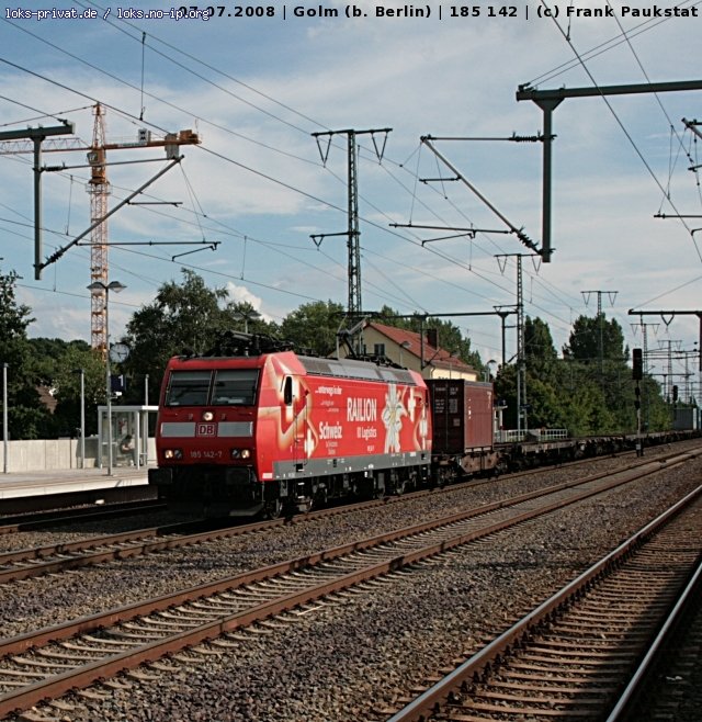 RAILION Logistics 185 142-7  Edelwei�  mit Containerzug (Zulassung D/CH, Railion Deutschland AG, NVR-Nummer: 91 80 6185 142-7 D-DB, gesichtet Potsdam-Golm, 07.07.2008).