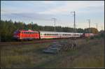 DB Fernverkehr 113 309 am 22.10.2013 und dem Pbz mit einigen IC-Wagen und am Schluss 115 383, 112 176 aus Schleswig-Holstein und 146 237  3-L�wen-Takt  in der Berliner Wuhlheide
