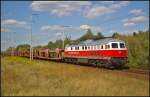 DB Schenker 232 658 fuhr mit leeren Laes-Wagen von DB Schenker VTG und einem bestens aufgelegten Tf am 28.08.2014 durch die Berliner Wuhlheide nach Oderbr�cke.
