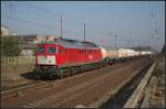 DB Schenker 232 201-4 mit Holland-Latz und einem Kesselzug Richtung Eberswalde (NVR-Nummer 92 80 1232 201-4 D-DB, gesehen Joachimsthal 26.02.2011)